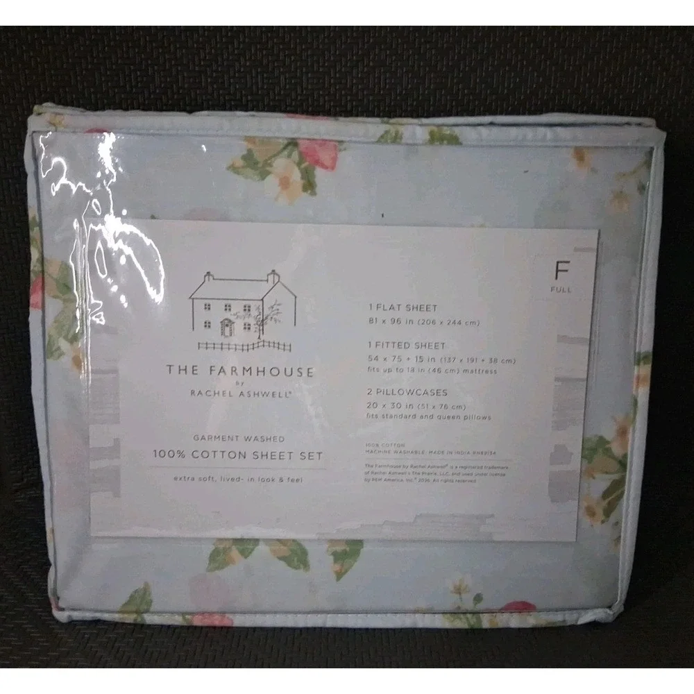 NIP Rachel Ashwell Farmhouse FULL 4 Pc Blue Sheet Set Pink Green Floral Cotton